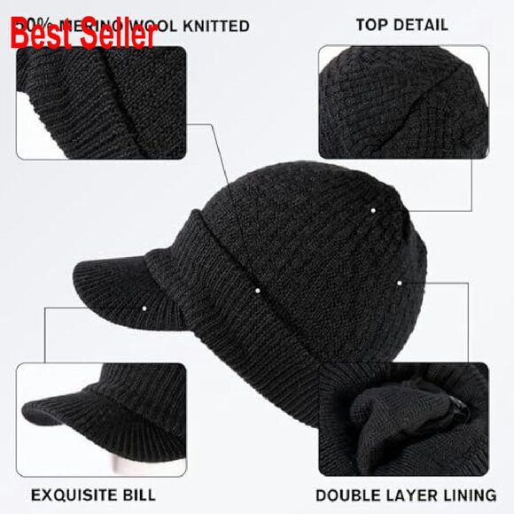 Merino Wool Beanie with Visor Bill Cable Knit Newsboy Hat Winter Warm - Picture 4 of 8